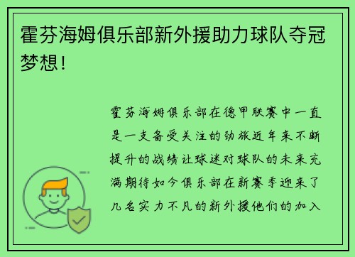 霍芬海姆俱乐部新外援助力球队夺冠梦想！